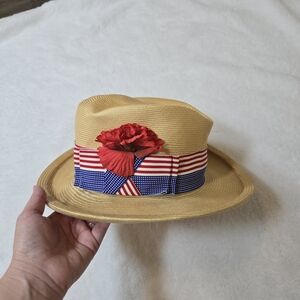 1940's Girls Vintage Woven Straw Hat Americana USA Ribbon Flower CHILD SIZE